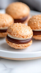Close-up of stacked macarons with chocolate & vanilla filling on a white plate. Sweet pastries, delicious flavors, and delicate dessert photography.
