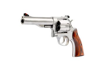 Steel Revolver Silver Handgun with Striped Wooden Handle on a transparent background