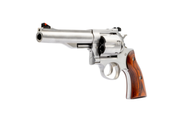 Steel Revolver Silver Handgun with Striped Wooden Handle on a transparent background