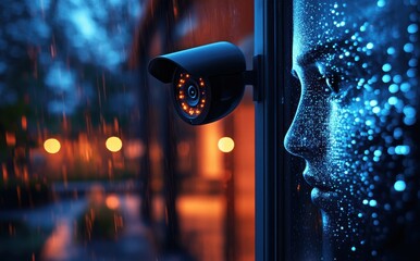 Advanced security camera with facial recognition technology capturing a digital face on a rainy evening, glowing in blue and orange hues, symbolizing innovation in modern surveillance systems