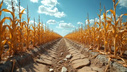 Ripe yellow corn field stretches to horizon under blue sky. Dry cracked earth road between rows of stalks. Agriculture harvest season, rural landscape.