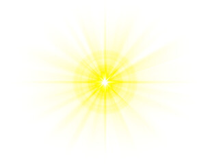 Bright yellow glowing starburst light with radiant sun rays, shining flare sparkle, luminous sunshine burst and warm golden glow on transparent background