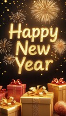 Colorful new year celebration scene with festive fireworks and beautifully wrapped gift boxes. brightly lit "happy new year" greeting adds joy to the festive atmosphere.