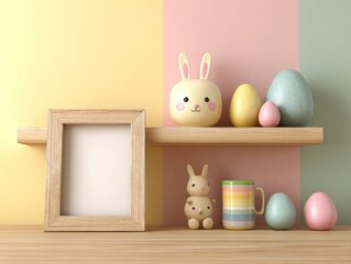 A wooden shelf display with pastel-colored easter decorations, including stylized bunnies, eggs, and a rainbow mug, sits against a yellow and pink wall.