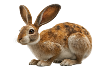 Brown rabbit with long ears, sitting upright, on black background