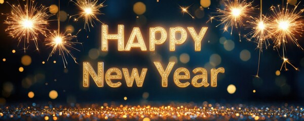 Celebrate the new year with dazzling fireworks and sparkling bokeh, featuring a warm "happy new year" message in a festive ambiance.