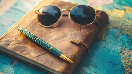 Travel Journal, Sunglasses, and Pen on a World Map