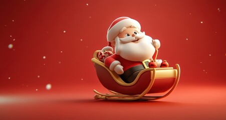 3D animated Santa Claus joyfully pulling his gift-filled sleigh on a festive red background, with snowflakes falling