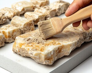 Close-up of a hand brushing a light beige stone slab
