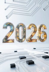 Futuristic design featuring the year 2026 with intricate circuit board patterns, symbolizing technology and innovation.