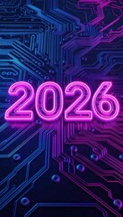 Vibrant neon 2026 against a futuristic circuit board background, symbolizing technology and innovation in the coming year.