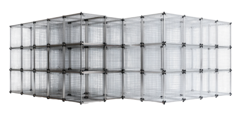 A translucent, gridded cube structure
