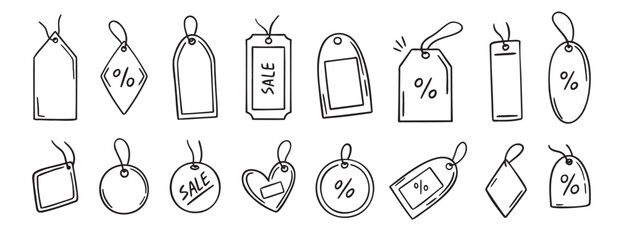 Price tag for sale or gift label doodle hand drawn icon set. Outline drawing price sale tag ribbon, discount label line clipart symbol collection.