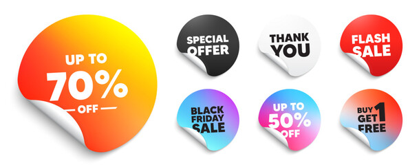 Discount tag sticker tag. Special offer paper price tags. Up to 70 percent off sale. Discount offer price sign. Special offer symbol. Save 70 percentages. Discount, black friday sticker. Vector