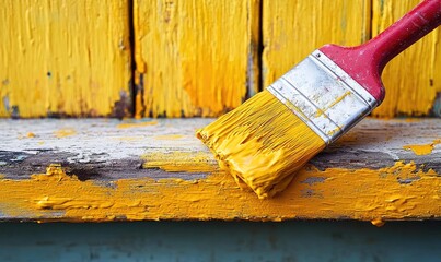 A paintbrush with yellow paint drips on a weathered wooden surface