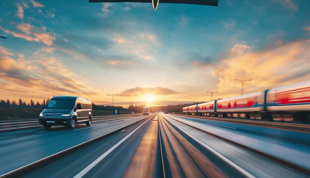 depicting various types of transport. A truck, a passenger train, a city bus and an airplane against the backdrop of a sunset 
