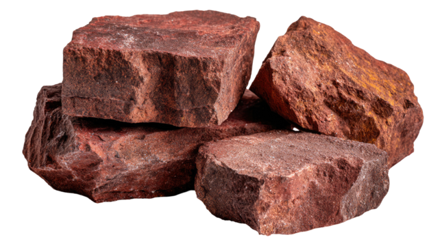 Close-up of several reddish-brown stone blocks, irregular shapes and textures