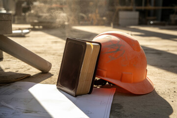 Holy Bible standing upright with helmet and blueprint in dusty workshop