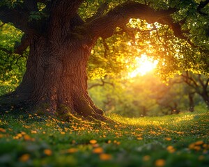 Sunlight filters through a large oak tree in a meadow