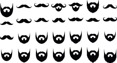 Set of black silhouette mustache and beard styles for men grooming, hipster fashion, barber shop, facial hair collection vector