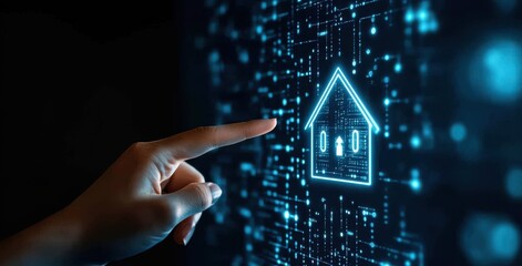 Hand pointing at a digital icon of a house on a futuristic screen, symbolizing smart home technology and digital real estate solutions in a virtual interface