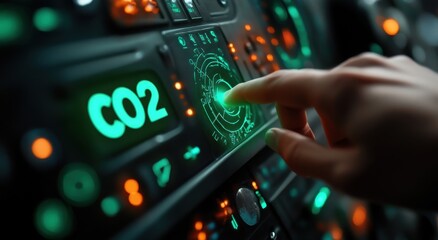 Futuristic interface with hand interacting with green LED display showing CO2 control for environmental monitoring or climate change solutions