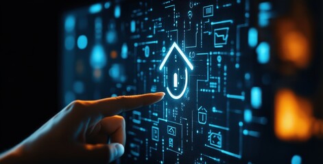 Hand interacting with a digital touchscreen displaying smart home interface, technology concept