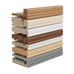 Fototapeta premium Stack of various wood and composite trim profiles isolated on white background