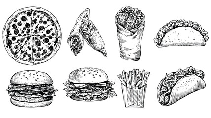 Vintage Pizza Shawarma Nuggets Illustration Set for Food Lovers and Restaurants