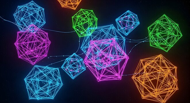 A vibrant network of glowing geometric wireframes floats in space. Neon-colored 3D polyhedra in blue, pink, green, and orange are interconnected, symbolizing digital connection and complexity.