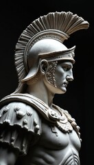 Obraz premium White marble statue of ancient Roman soldier in profile. Wears elaborate plumed helmet, detailed armor. Warrior sculpture embodies classical history, military power, stoic strength. Timeless antique