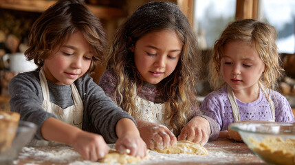 Children helping in the kitchen on Thanksgiving morning, flour on hands, rolling dough, laughter and joy, warm family tradition, rustic wooden table and pie filling.