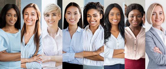 A diverse group of business professionals, women of various backgrounds, engage in a collaborative meeting within a modern office space. They share ideas and strategies.