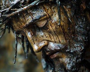Close-up of a weathered, sorrowful wooden sculpture of Jesus