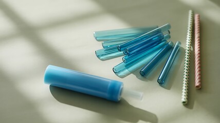 Blue Glass Tubes and Patterned Straws on Light Surface