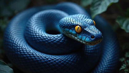 Fototapeta premium Blue snake with striking yellow eyes coils in dark foliage. Its detailed scales and flickering tongue suggest a hidden predator. The creature waits ominously amidst jungle plants.
