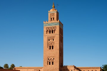 Fototapeta premium Inspiring Moroccan Architecture for Travel and Cultural Exploration. Tourism and Heritage in Marrakech. Explore the Beauty and History of Koutoubia Mosque.