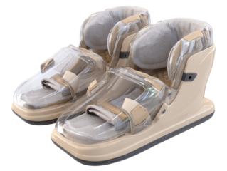 Beige orthopedic shoes with clear plastic covering, featuring padded ankle support