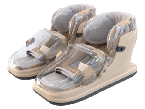 Beige orthopedic shoes with clear plastic covering, featuring padded ankle support