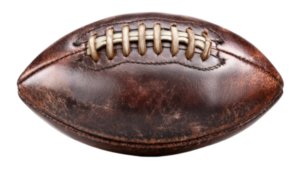 Close-up of a weathered, antique American football.  Aged, brown leather ball with visible stitching.  Oval shape, seen from above