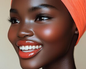 Close-up portrait of a smiling woman with vibrant makeup and a coral head wrap