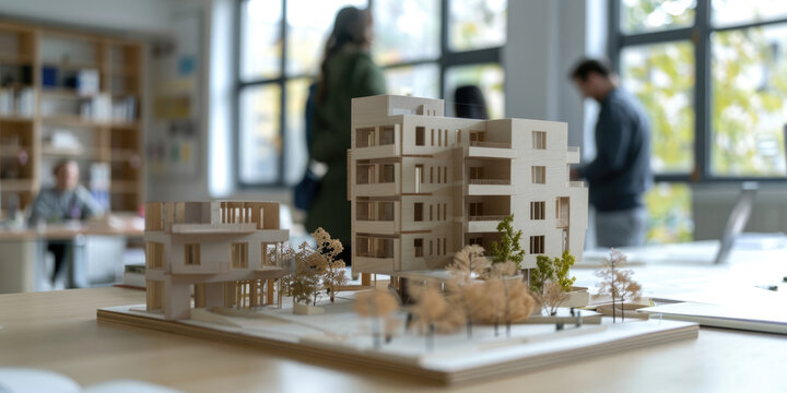 a modern residential complex on a table, an exhibition of a real estate construction project, a model of a multi-storey building, an office of an architectural company on a blurred background
