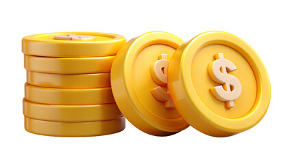 Golden dollar symbol with a stack of gold coins and cash in a box to signify wealth, banking, and financial growth