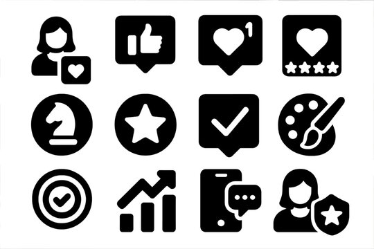 Social Media Metrics Icons. Solid style icons of influencer and content ratings: post like score, follower approval, engagement