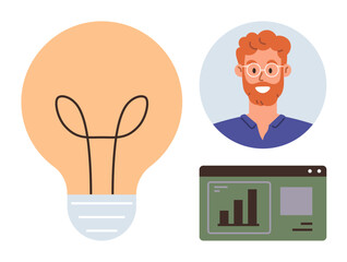 Lightbulb symbolizes ideas, accompanied by a smiling male professional and a green analytics dashboard. Ideal for innovation, teamwork, creativity, strategy, startup, planning, simple flat metaphor