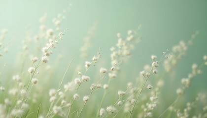 Delicate white wildflowers, blades of grass sway gently in soft, ethereal green field. Minimalist scene evokes peace, natural beauty with subtle textures, airy feel. Perfect for calming backgrounds
