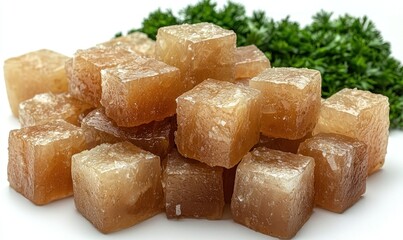 Cubes of light brown food, piled high on a white background, next to fresh green parsley
