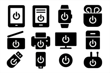 Device Shutdown Icons. Solid style icons of device shutdown: tablet with power icon, e-reader shutdown symbol, smartwatch power