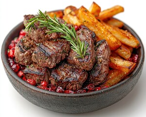 Grilled beef cubes with roasted potatoes and pomegranate sauce