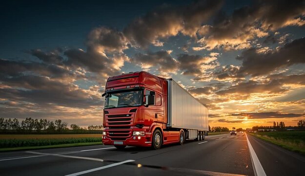 big red trailer truck running on the road with Twilight.
